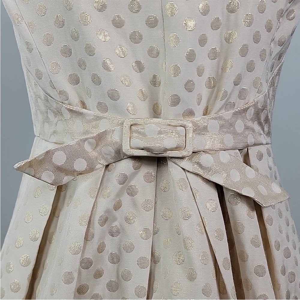 Anthropologie Quillaree Metallic Gold Jacquard Polka Dot Cream A-line Dress 4 - Picture 13 of 14